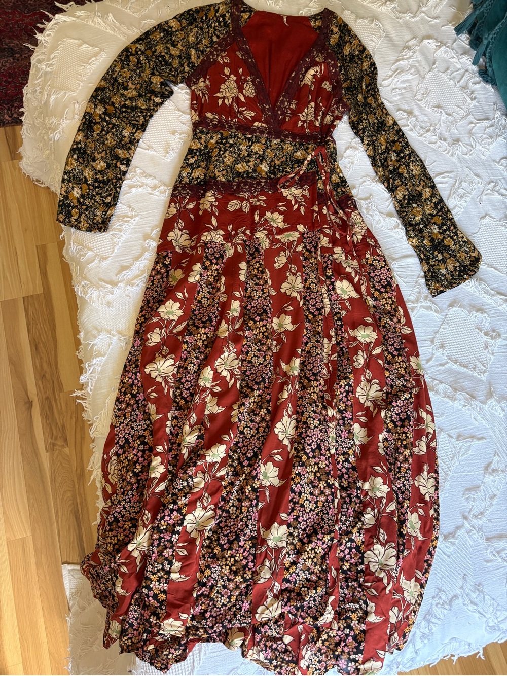 Free People Red Floral Patchwork Wrap Maxi Dress